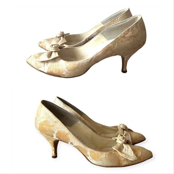 Vintage Brocade/Damask  Ivory Pumps by Sylvia Cristie, Size 7AAA - Picture 3 of 14